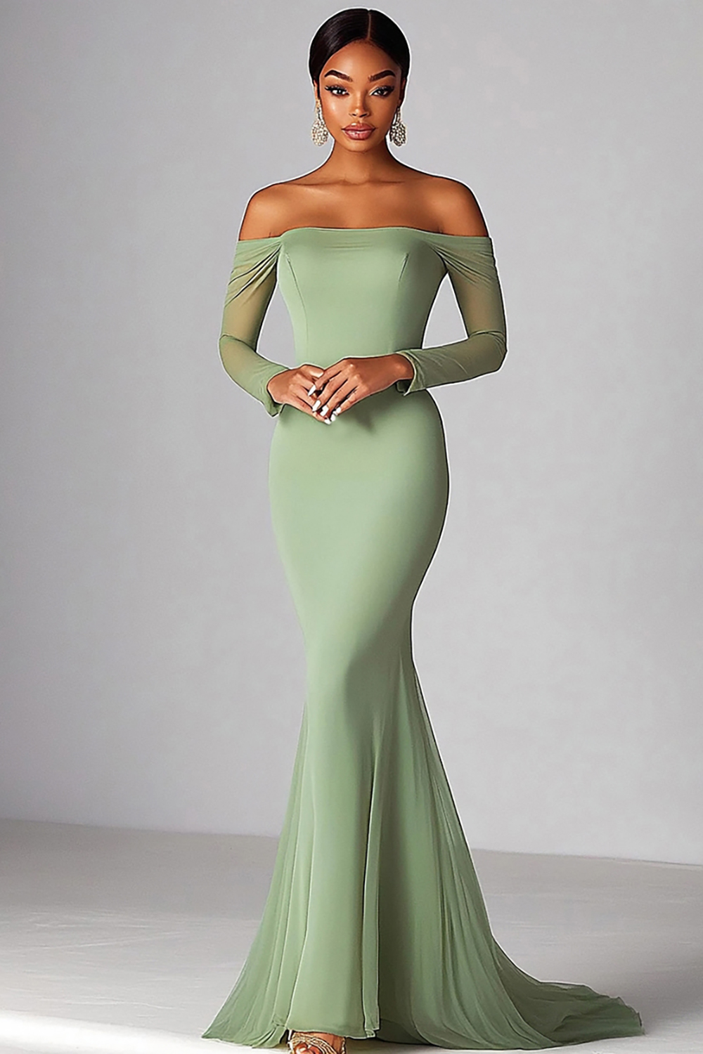 Sage Off the Shoulder Mermaid Long Prom Dress with Long Sleeves