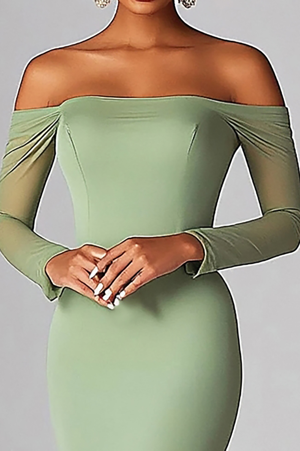 Sage Off the Shoulder Mermaid Long Prom Dress with Long Sleeves