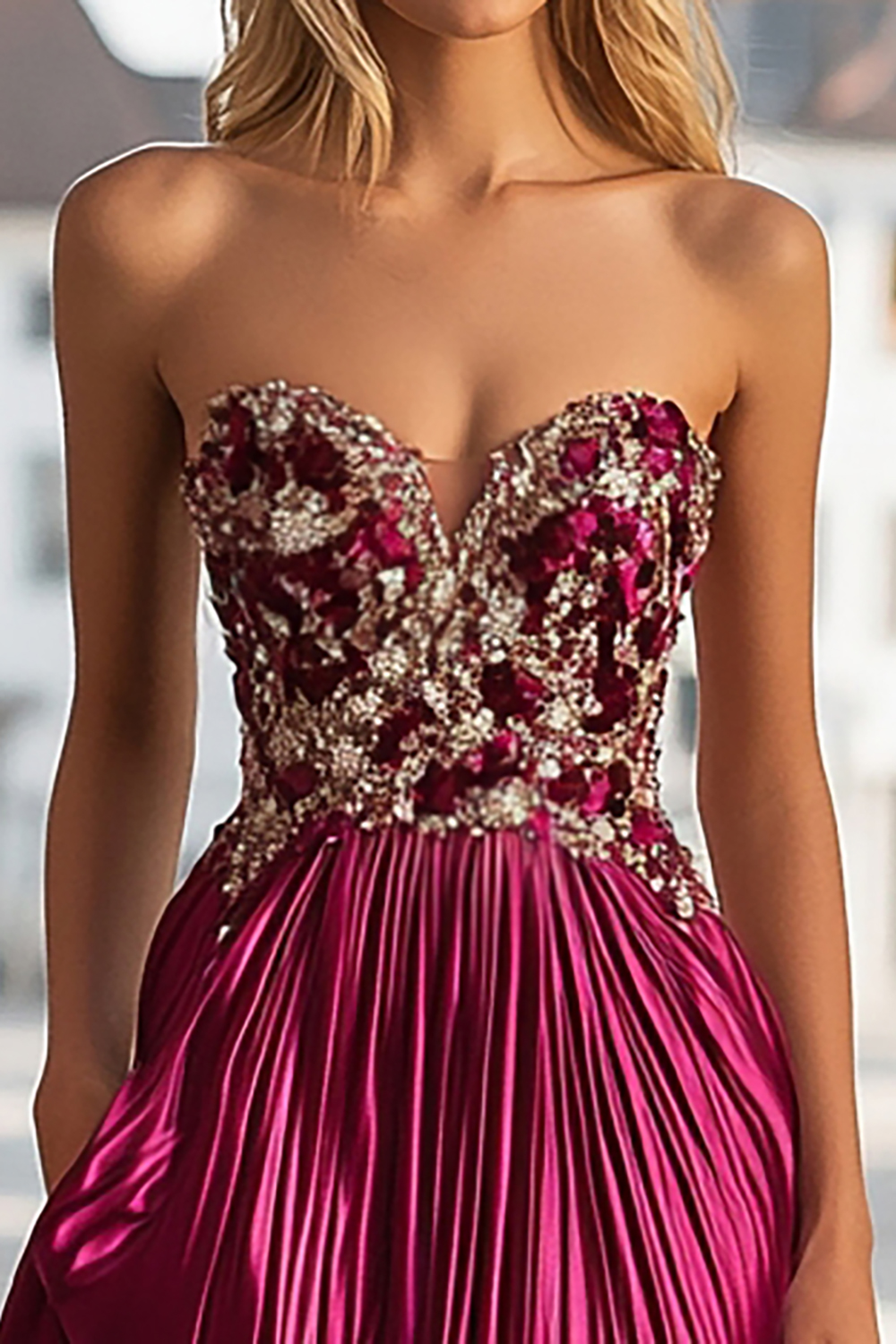 Fuchsia Sweetheart A-Line Satin Long Prom Dress with Beading