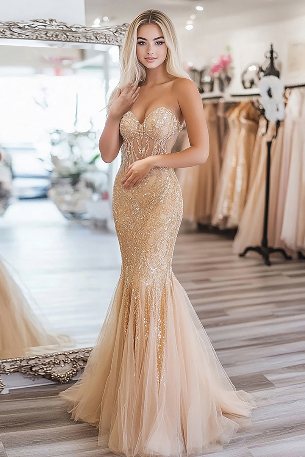 Elegant Gold Sweetheart Mermaid  Sequined Long Prom Dress with Embroidery