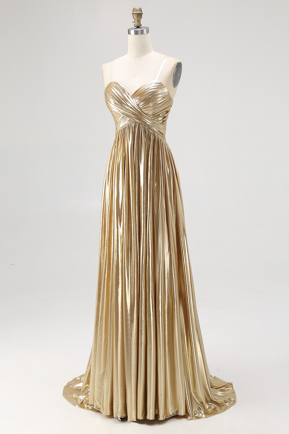 Chic Gold Metallic Satin Deep V Neck Pleated A Line Long Prom Dress