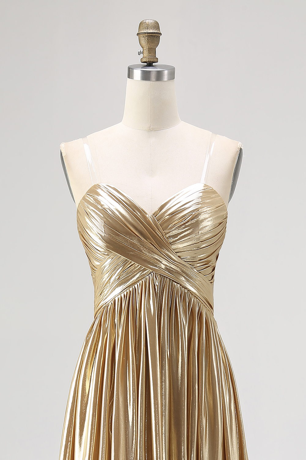 Chic Gold Metallic Satin Deep V Neck Pleated A Line Long Prom Dress