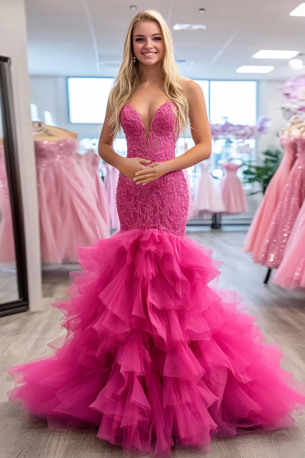 Elegant Fuchsia Sweetheart Mermaid  Ruffle Long Prom Dress with Lace Appliques