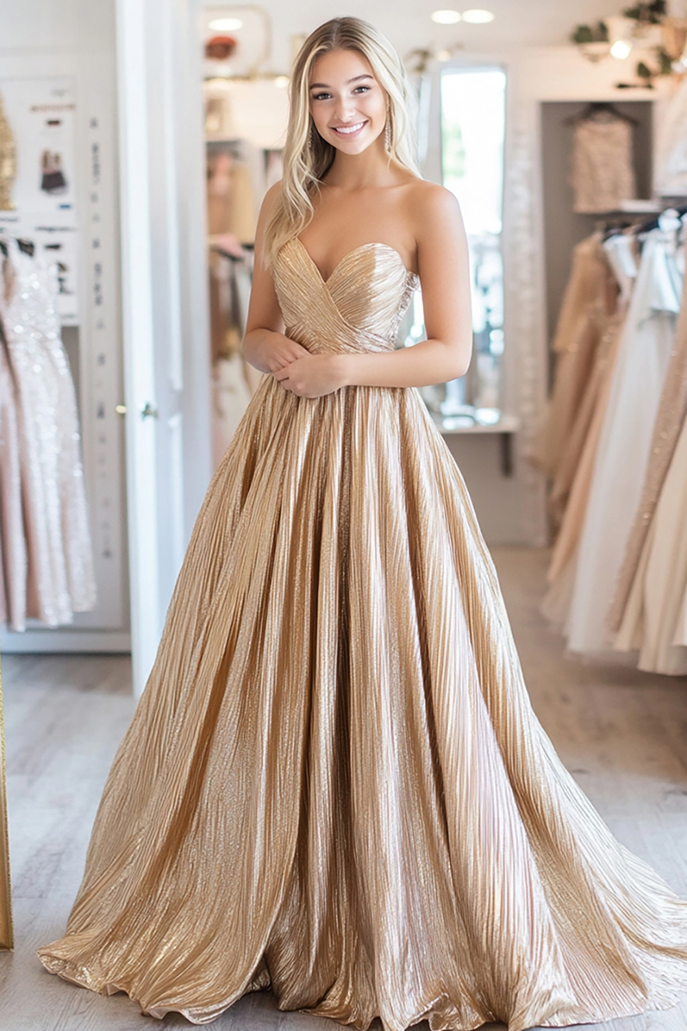 Elegant Gold Sweetheart A Line Satin Pleated Long Prom Dress 