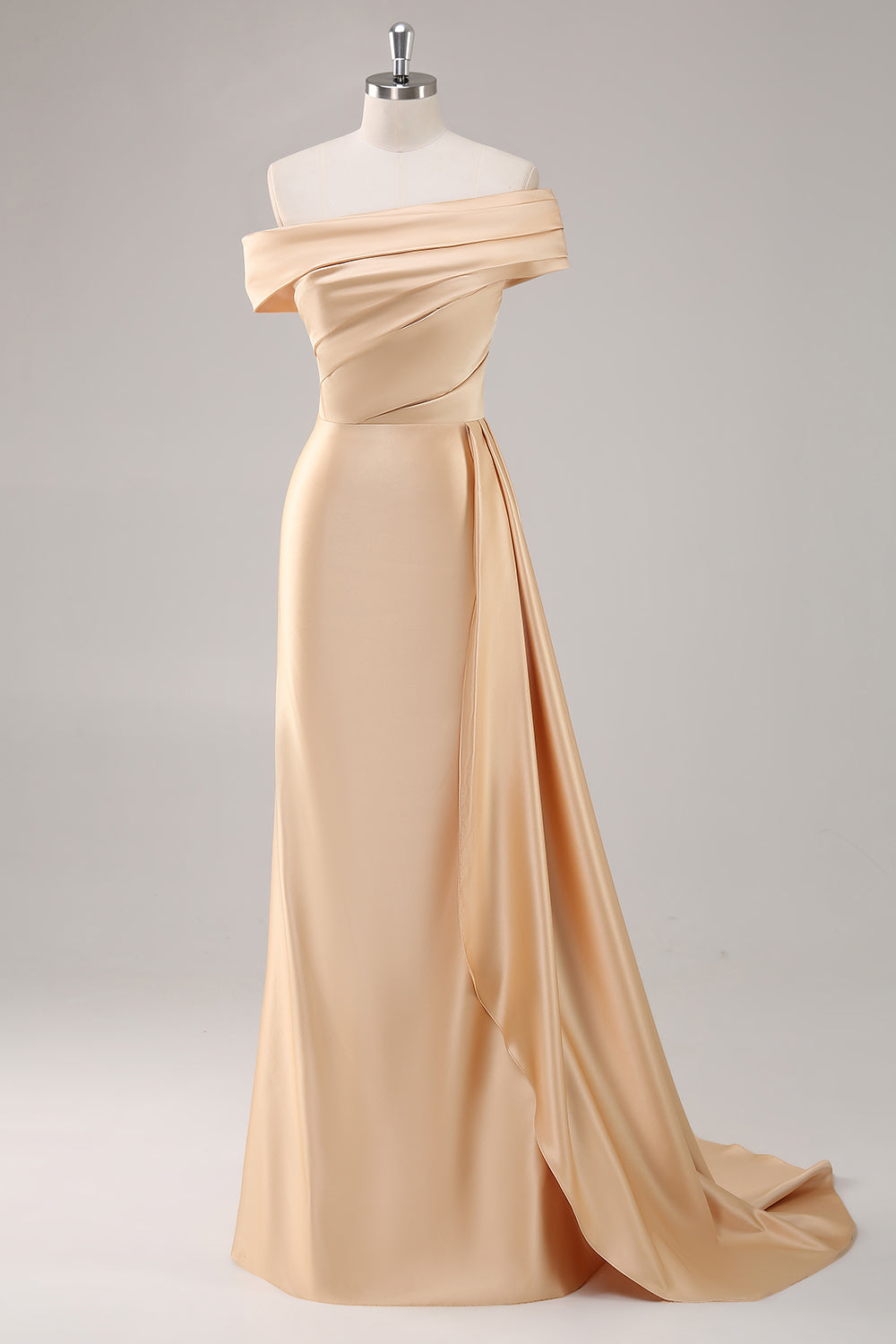 Champagne Off the Shoulder Satin Long Formal Dress with Side Cape