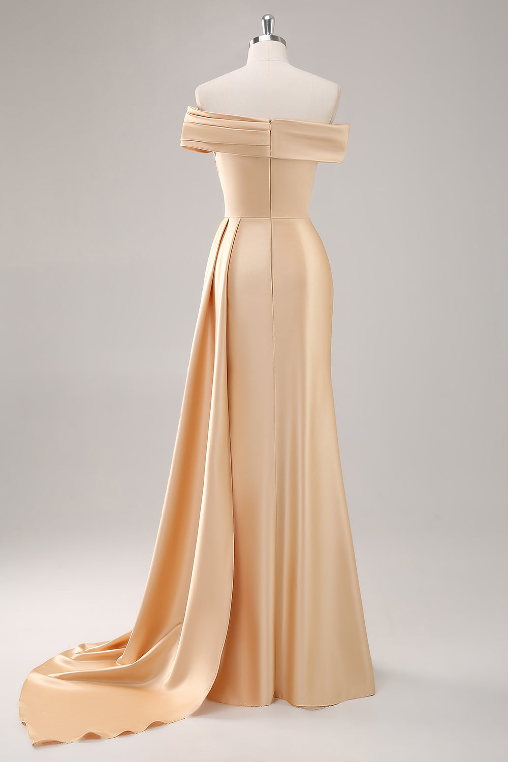 Champagne Off the Shoulder Satin Long Formal Dress with Side Cape