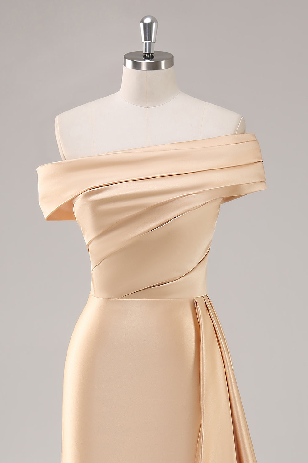 Champagne Off the Shoulder Satin Long Formal Dress with Side Cape