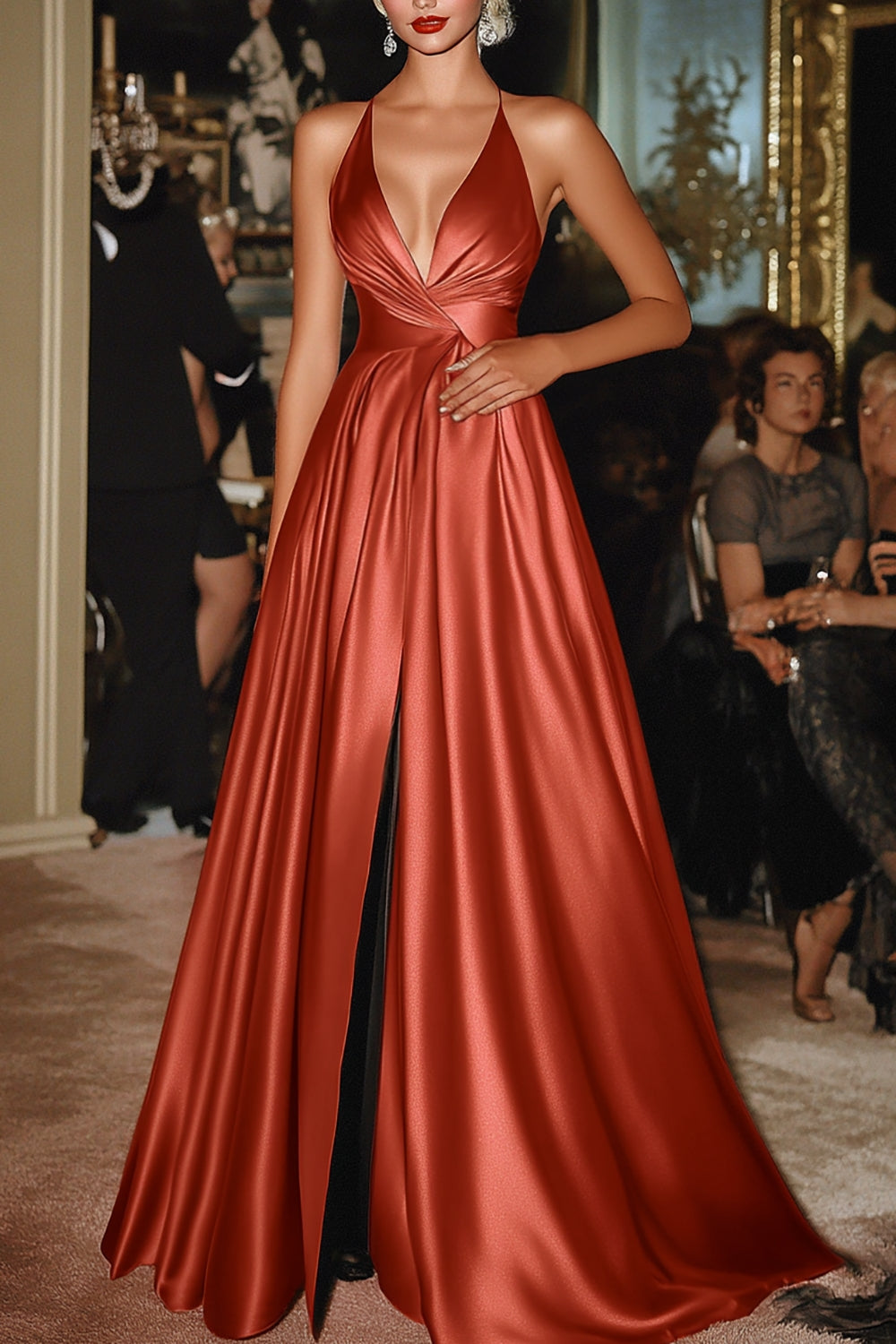 Hellymoon Women Terracotta Satin Formal Dress with Slit A Line V-Neck Sleevesless Ruched Floor Length Military Ball Dress