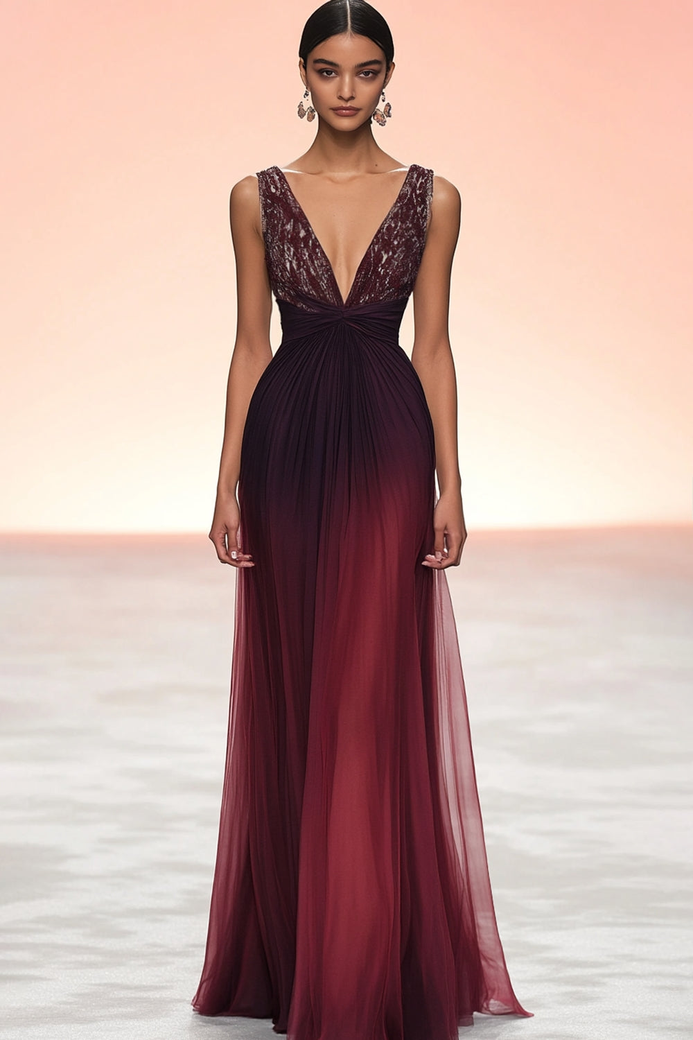 Burgundy Sparkly Deep V-Neck Long Sheath Formal Dress