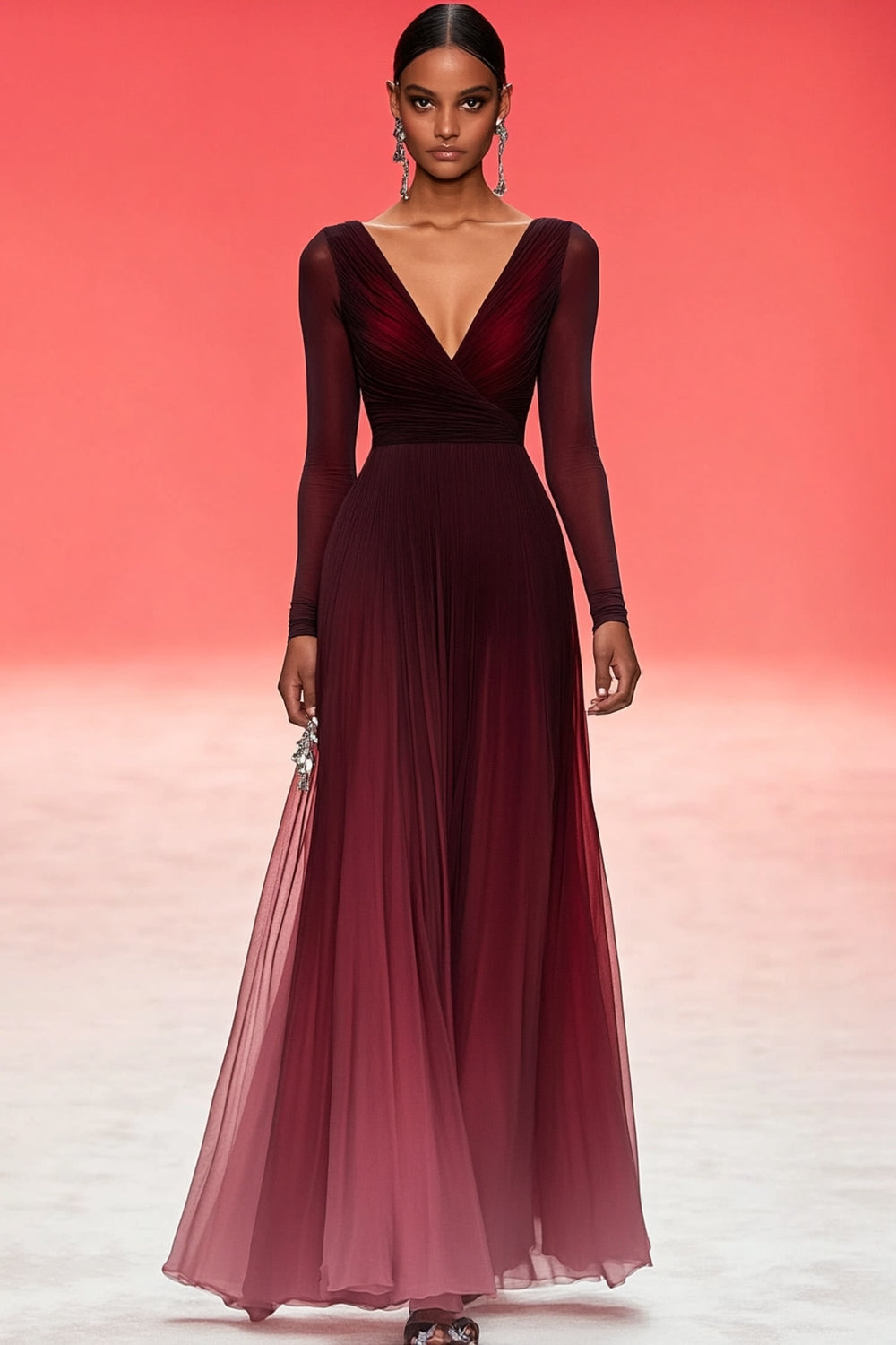 A Line Burgundy Deep V-Neck Long Formal Dress with Sleeves
