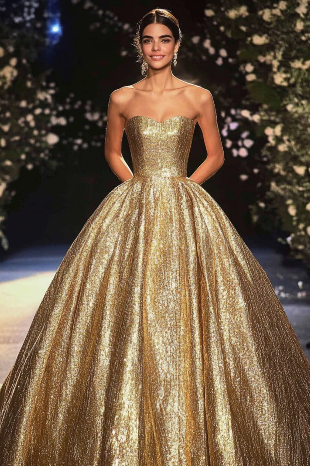 Ball Gown Sparkly Gold Sweetheart Long Formal Dress