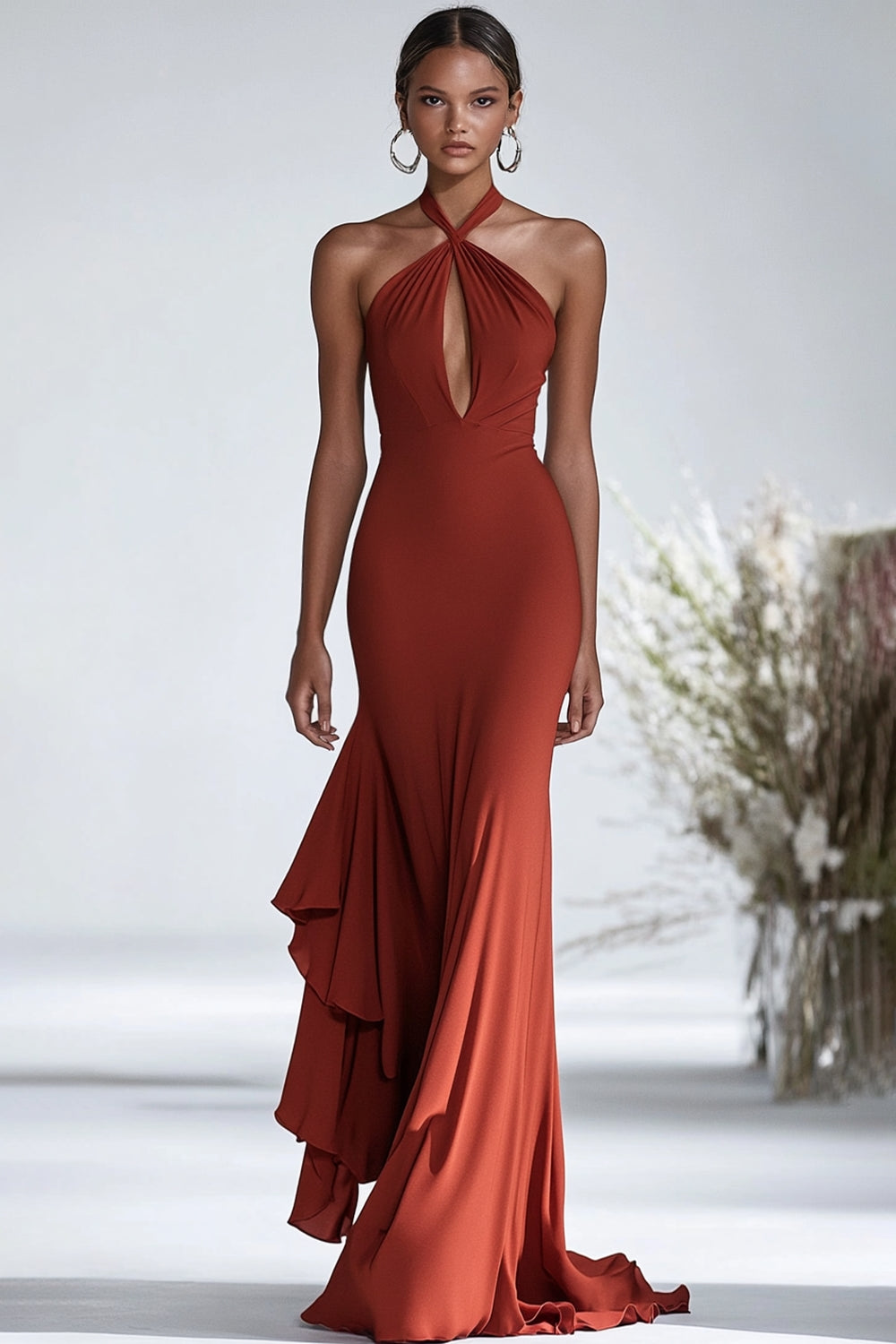 Terracotta Halter Keyhole Long Chiffon Formal Dress with Ruffles