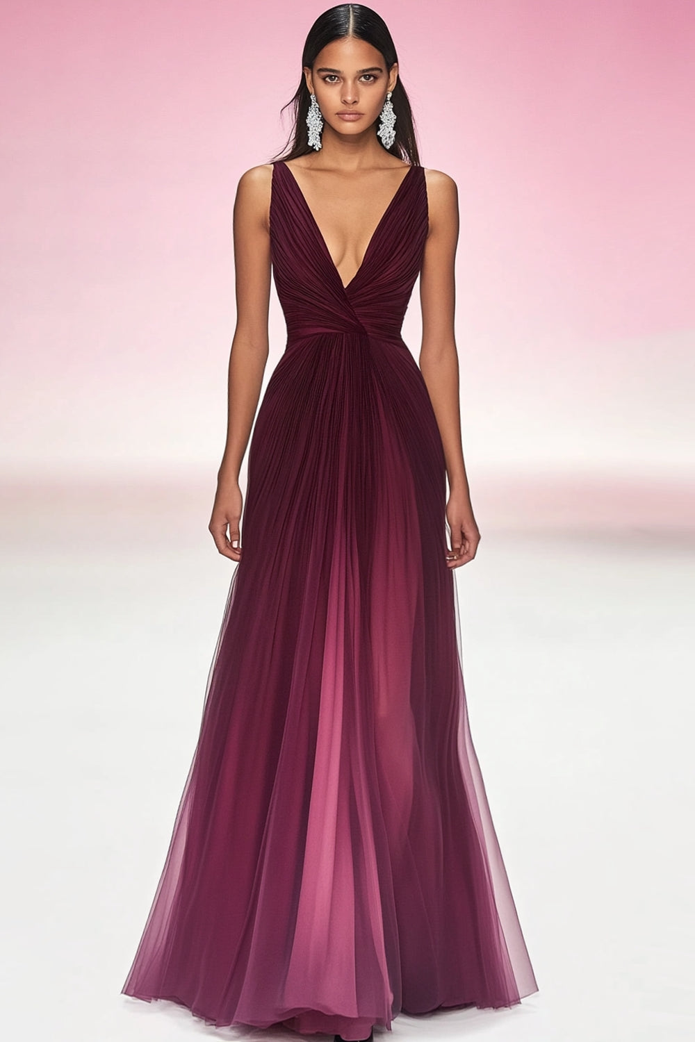 A Line Cabernet Deep V-Neck Pleated Long Formal Dress