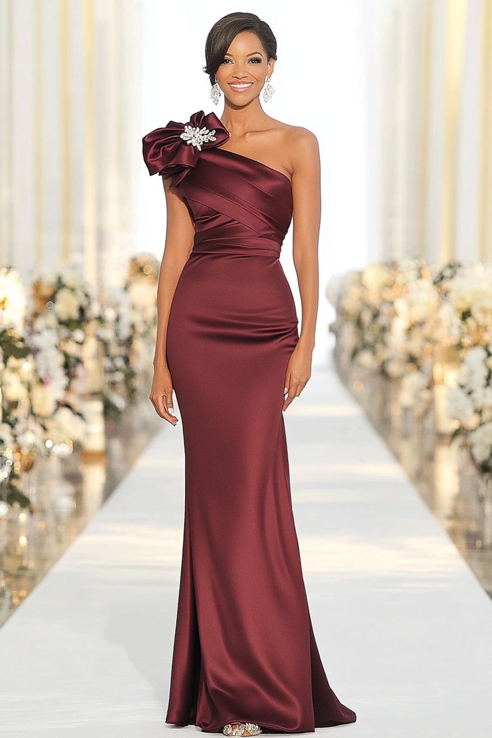 Elegant Burgundy Satin One Shoulder Long Sheath Formal Dress