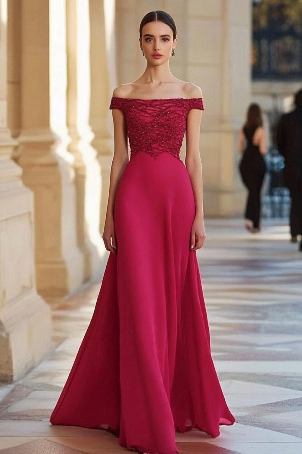 Hellymoon Women Sparkly Red Formal Dress Off the Shoulder Chiffon Floor Length Wedding Guest Dress