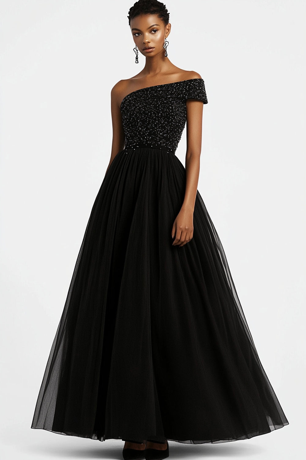Hellymoon Women Sparkly Black Tulle Formal Dress A Line One Shoulder Long Prom Dress with Sequins