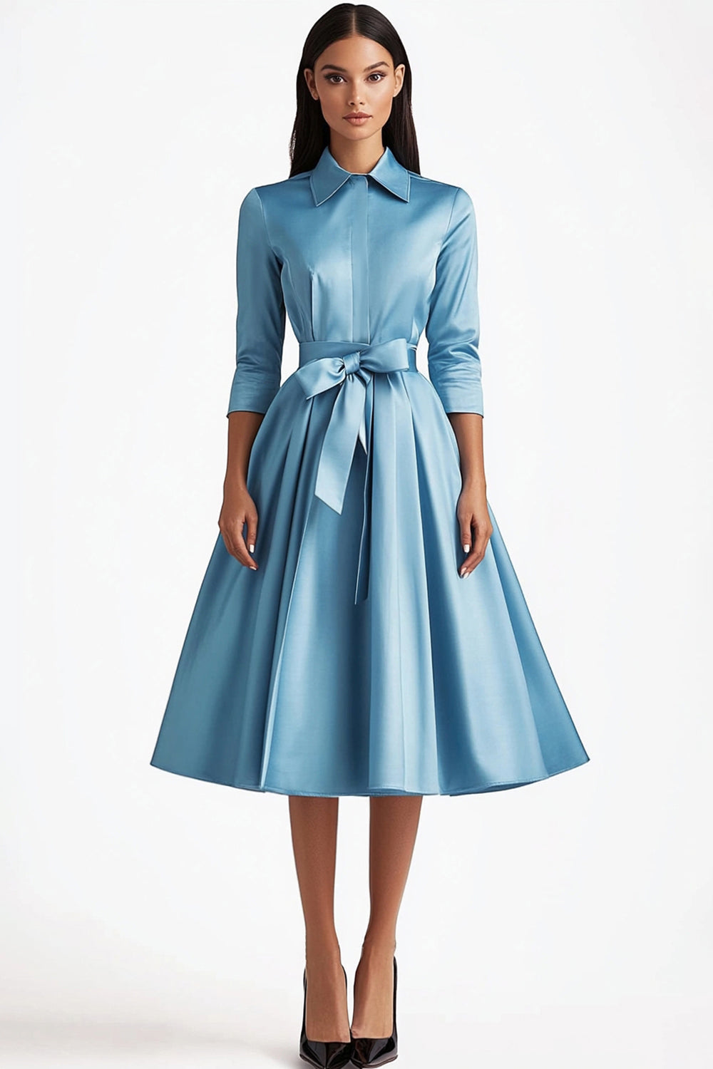 Hellymoon Women Blue Satin Formal Dress A Line Collar Neck 3/4 Sleeves Tea Length Prom Dress