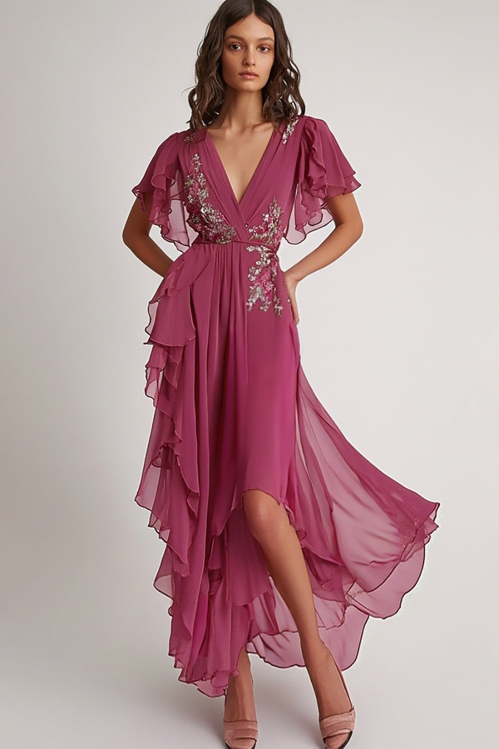 Hellymoon Women Floral Dark Pink Chiffon Formal Dress with Ruffled Asymmetrical V-Neck Long Wedding Guest Dress