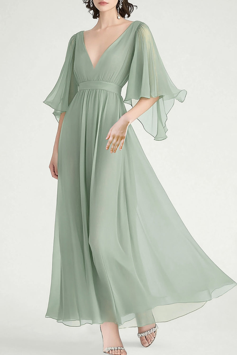 Hellymoon Women Dusty Sage Chiffon Formal Dress with Ruffled A Line V-Neck Half Sleeves Long Wedding Guest Dress