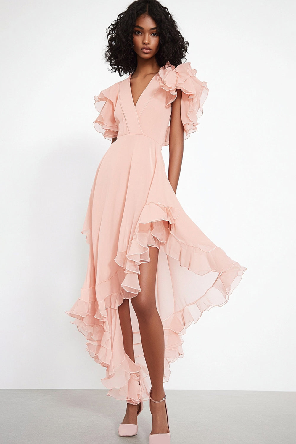 Hellymoon Women Pink Chiffon Formal Dress with Ruffled A Line V-Neck Short Sleeves Long Prom Dress