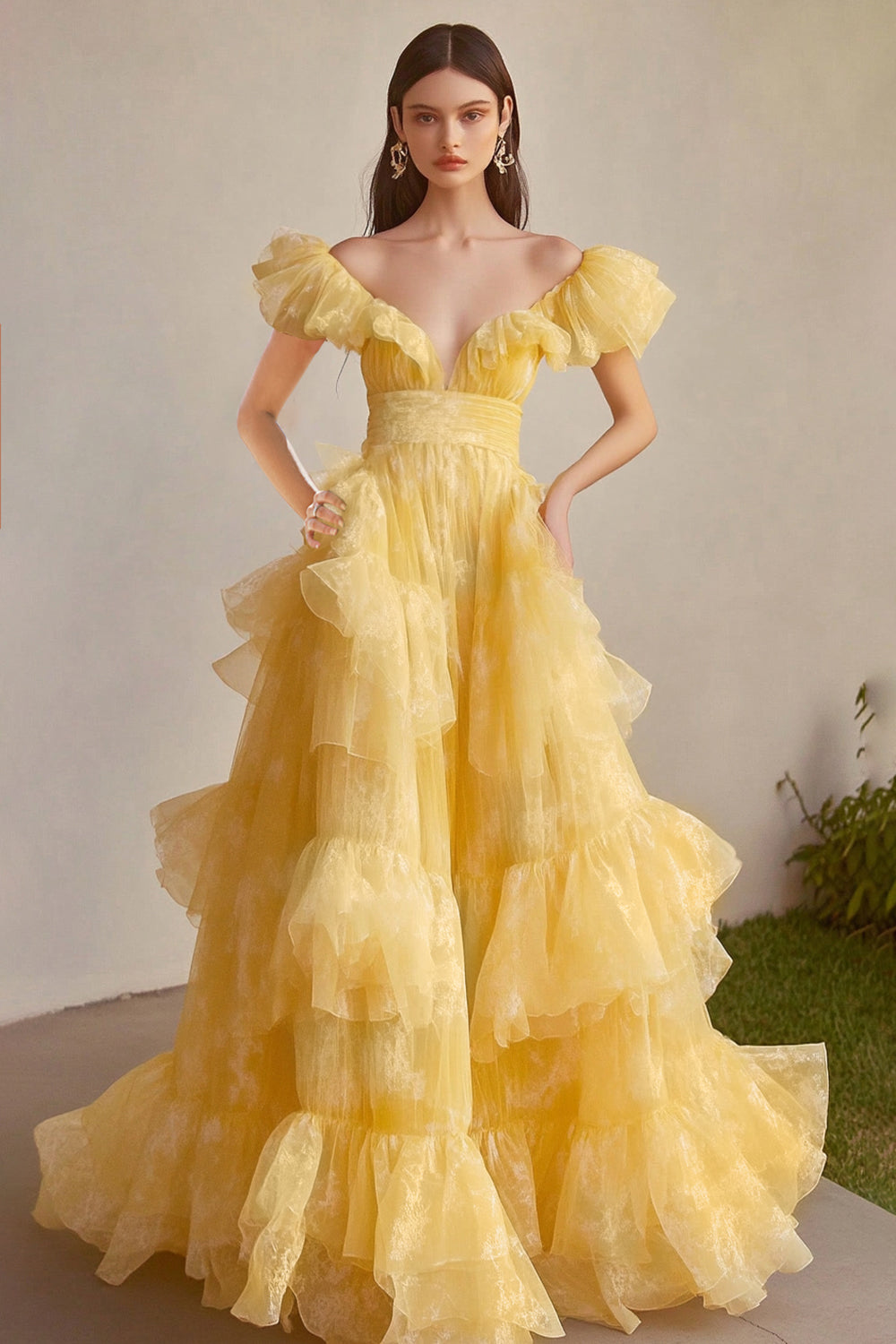 Hellymoon Women Yellow Tulle Tiered Formal Dress Ball Gown Off the Shoulder V-Neck Long Prom Dress