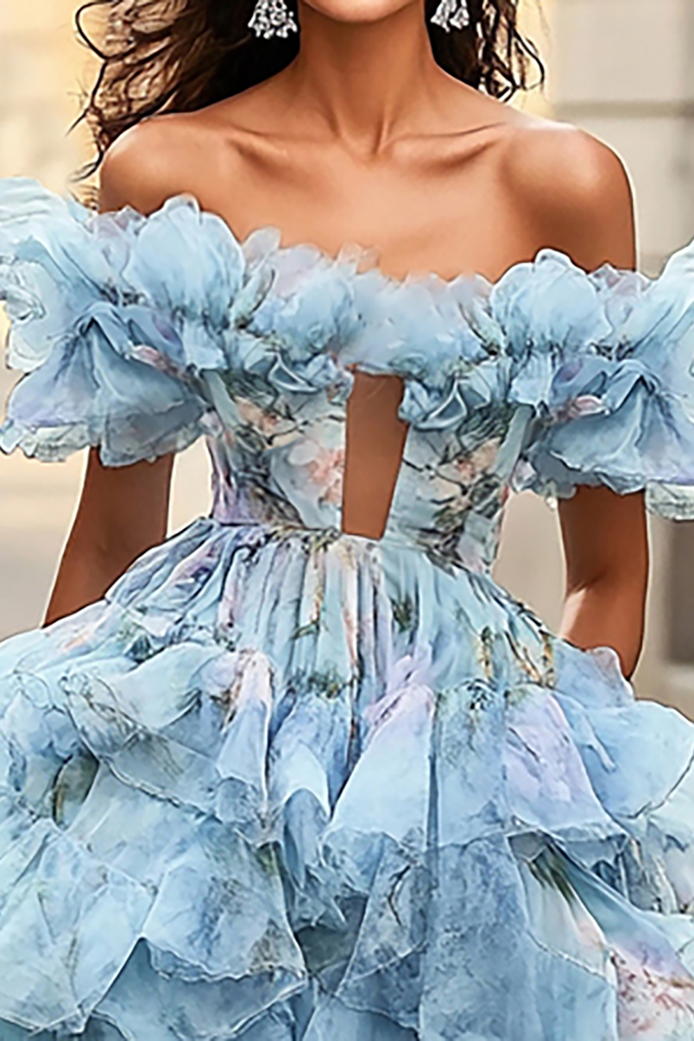 Blue Floral Print Off the Shoulder Princess Organza Ruffles Long Prom Dress 