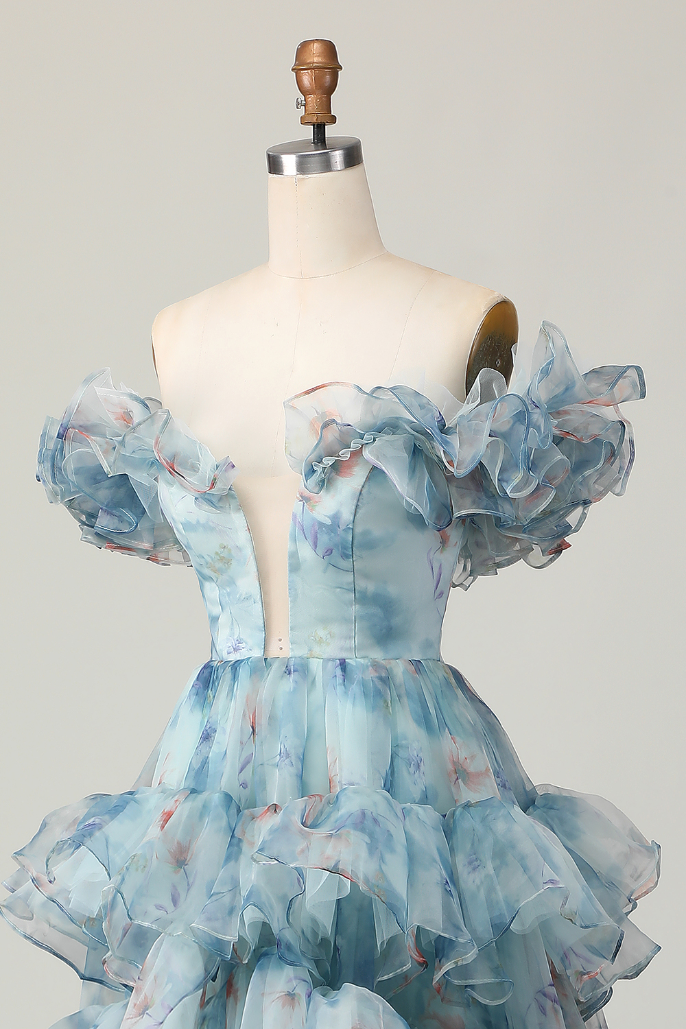 Floral Blue Print Off the Shoulder Princess Tiered Long Prom Dress 