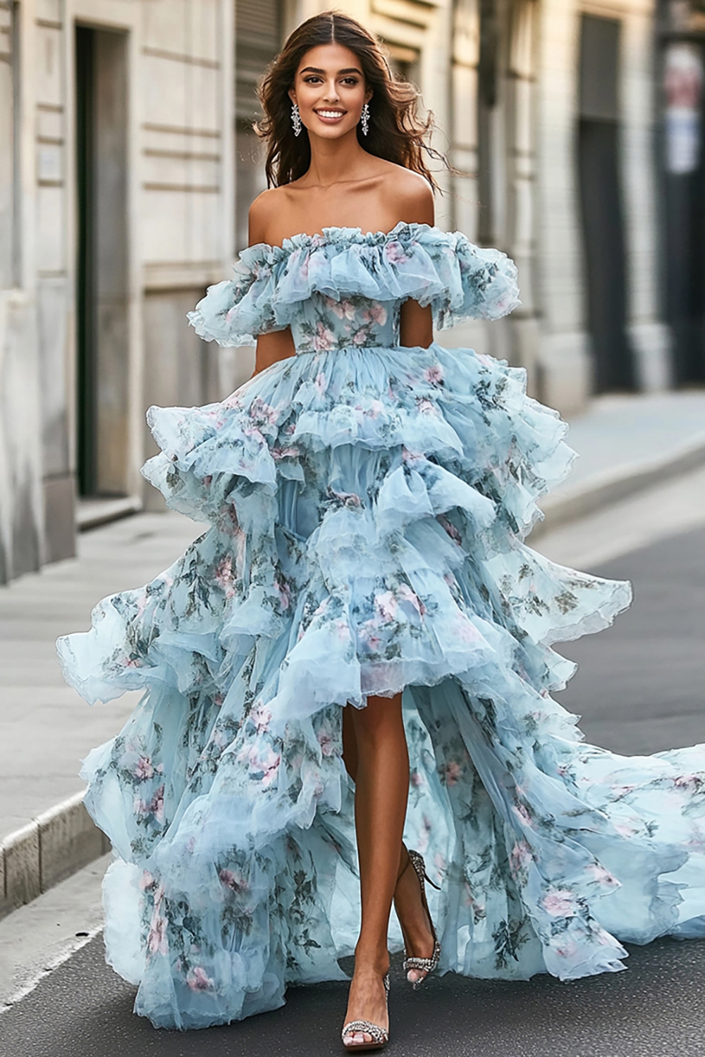 Blue Floral Print Organza Ruffled Off the Shoulder Princess Long Prom Dress 
