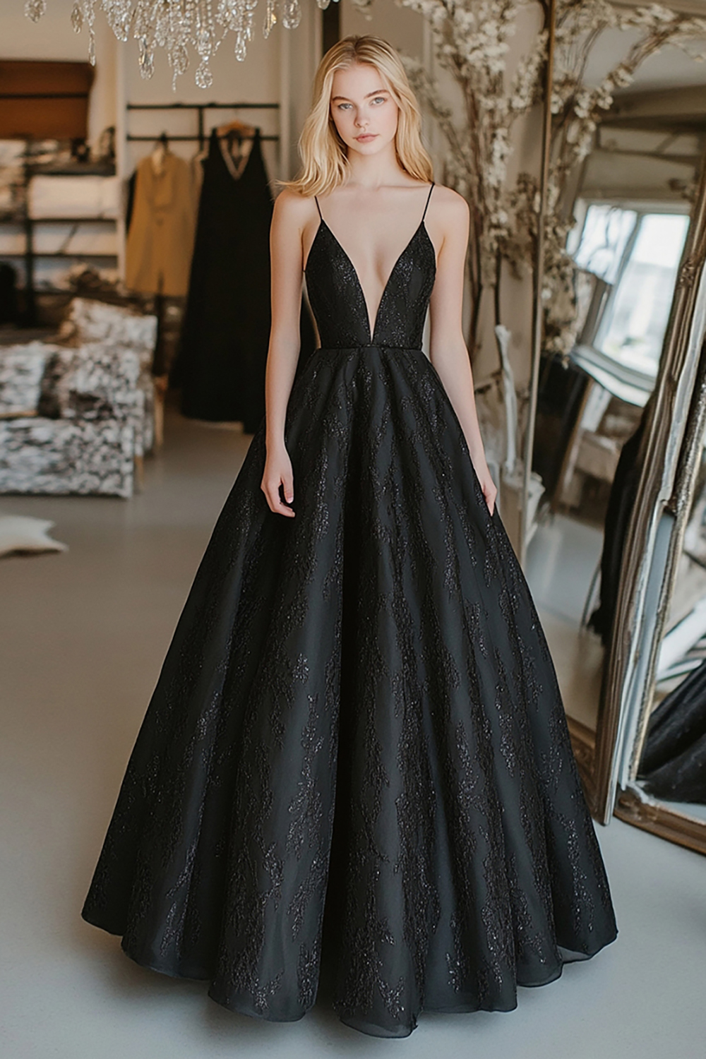 Stylish Black Spaghetti Straps Princess Lace Long Prom Dress
