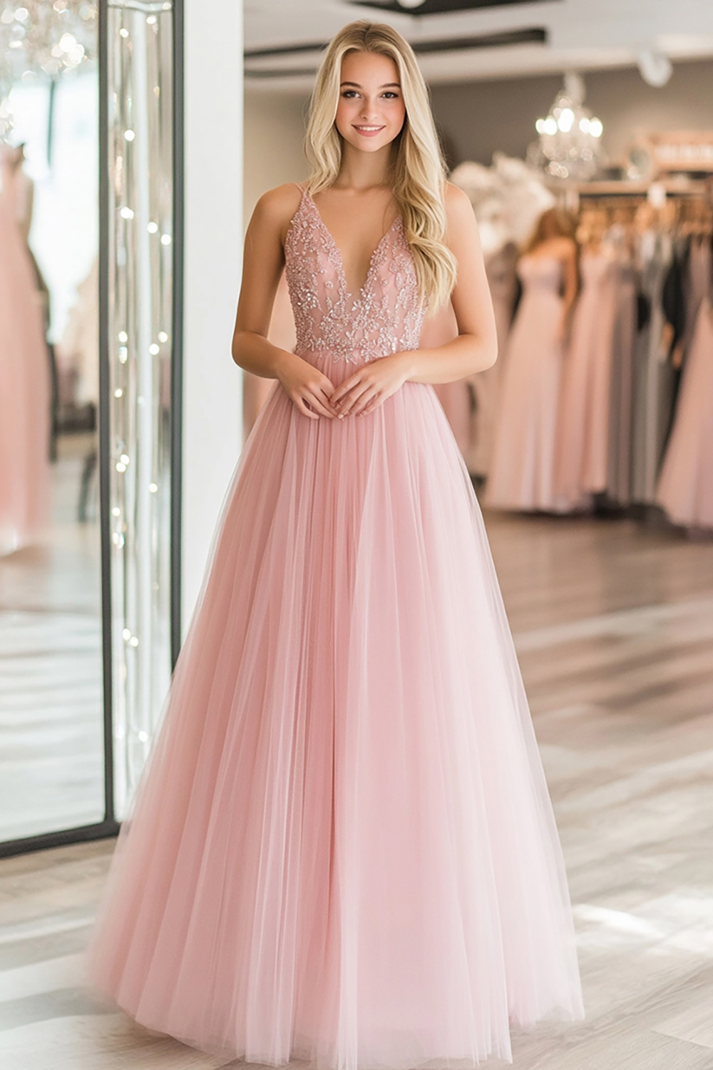 Elegant Pink Tulle A-Line Spaghetti Straps Long Prom Dress with Appliques