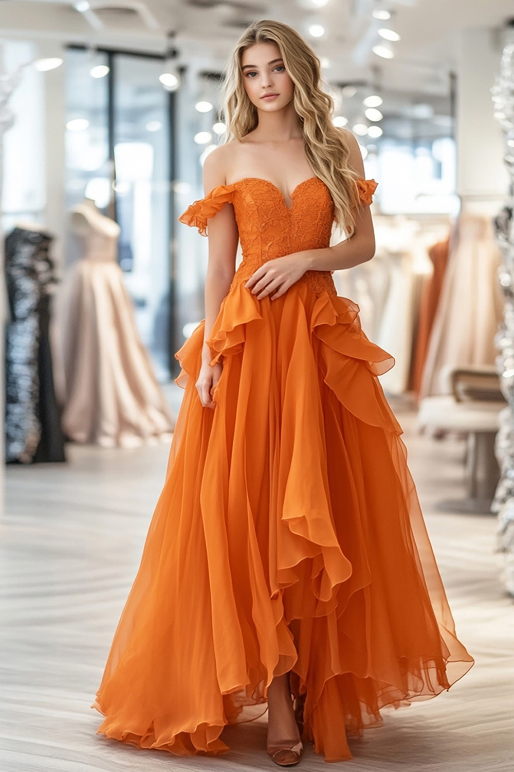 Orange A-Line Off the Shoulder Organza Ruffles Long Prom Dress with Lace
