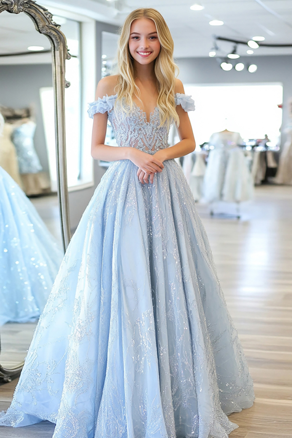 Sparkly Sky Blue A-Line Off the Shoulder Sequined Tulle Long Prom Dress