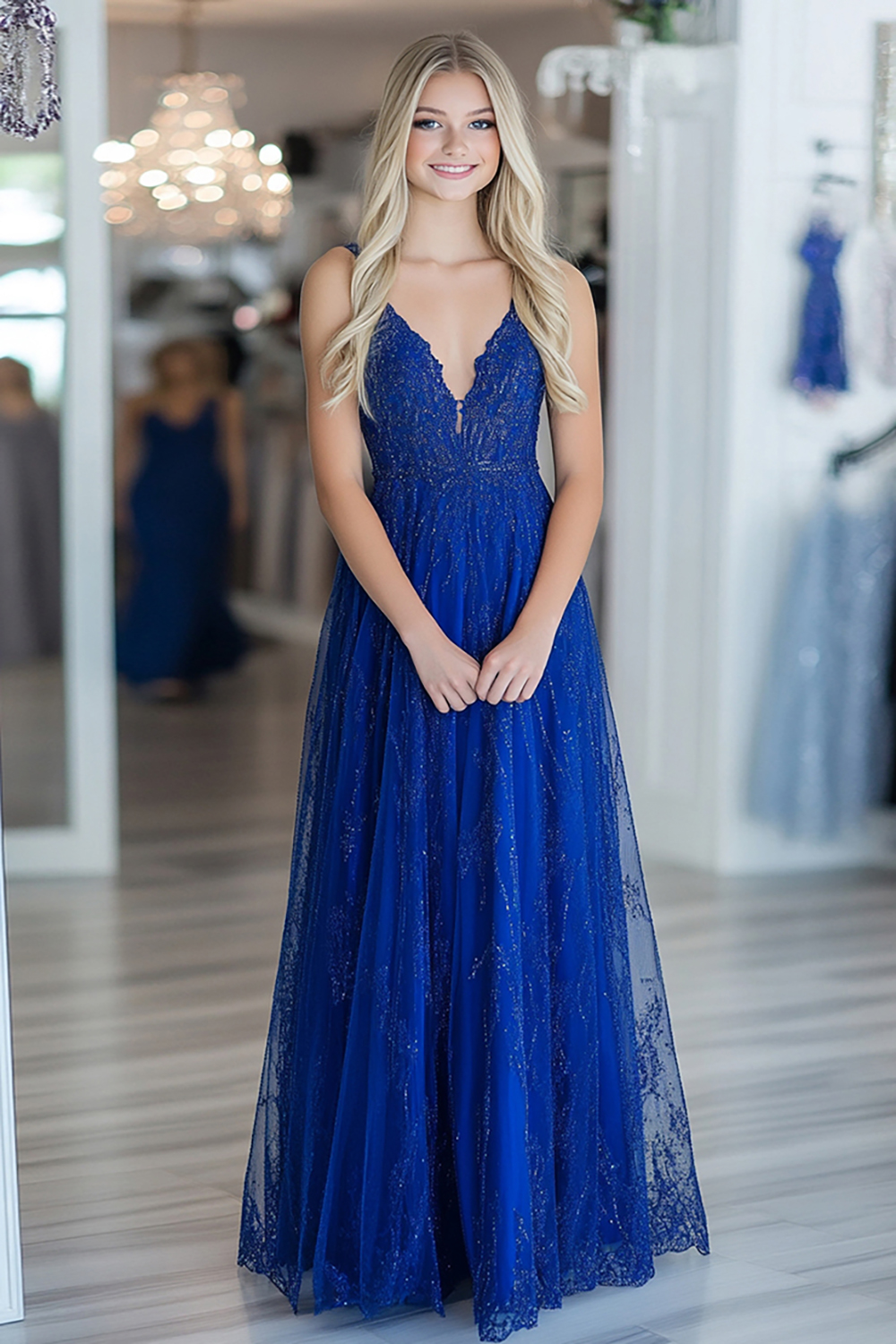 Sparkly Royal Blue A-Line Spaghetti Straps Sequined Tulle Long Prom Dress