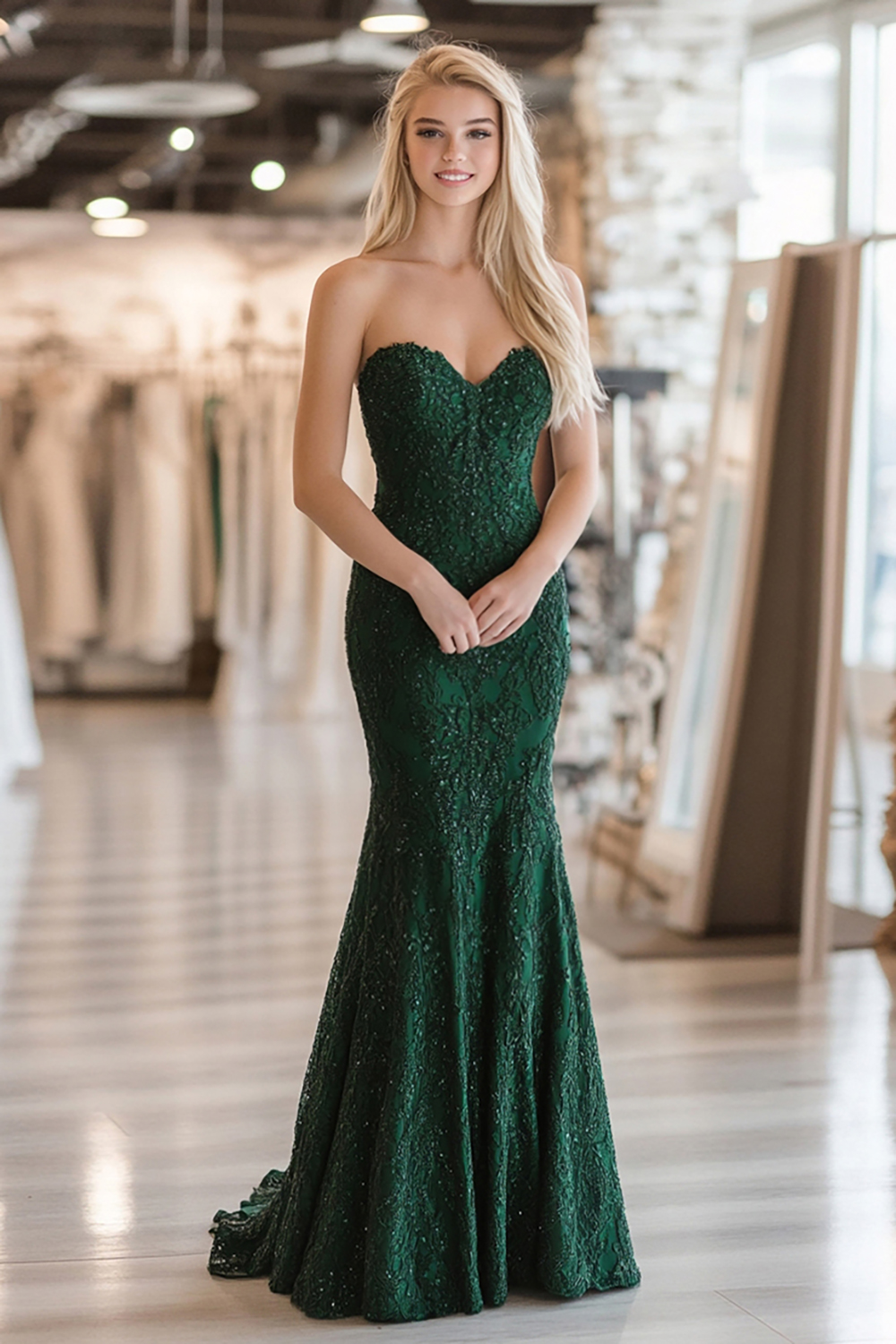 Sparkly Dark Green Mermaid Strapless Long Prom Dress with Appliques