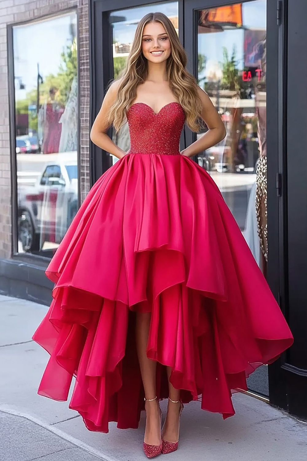 Sparkly Red A-Line Strapless Sequined Top Ruffles Tulle Long Prom Dress