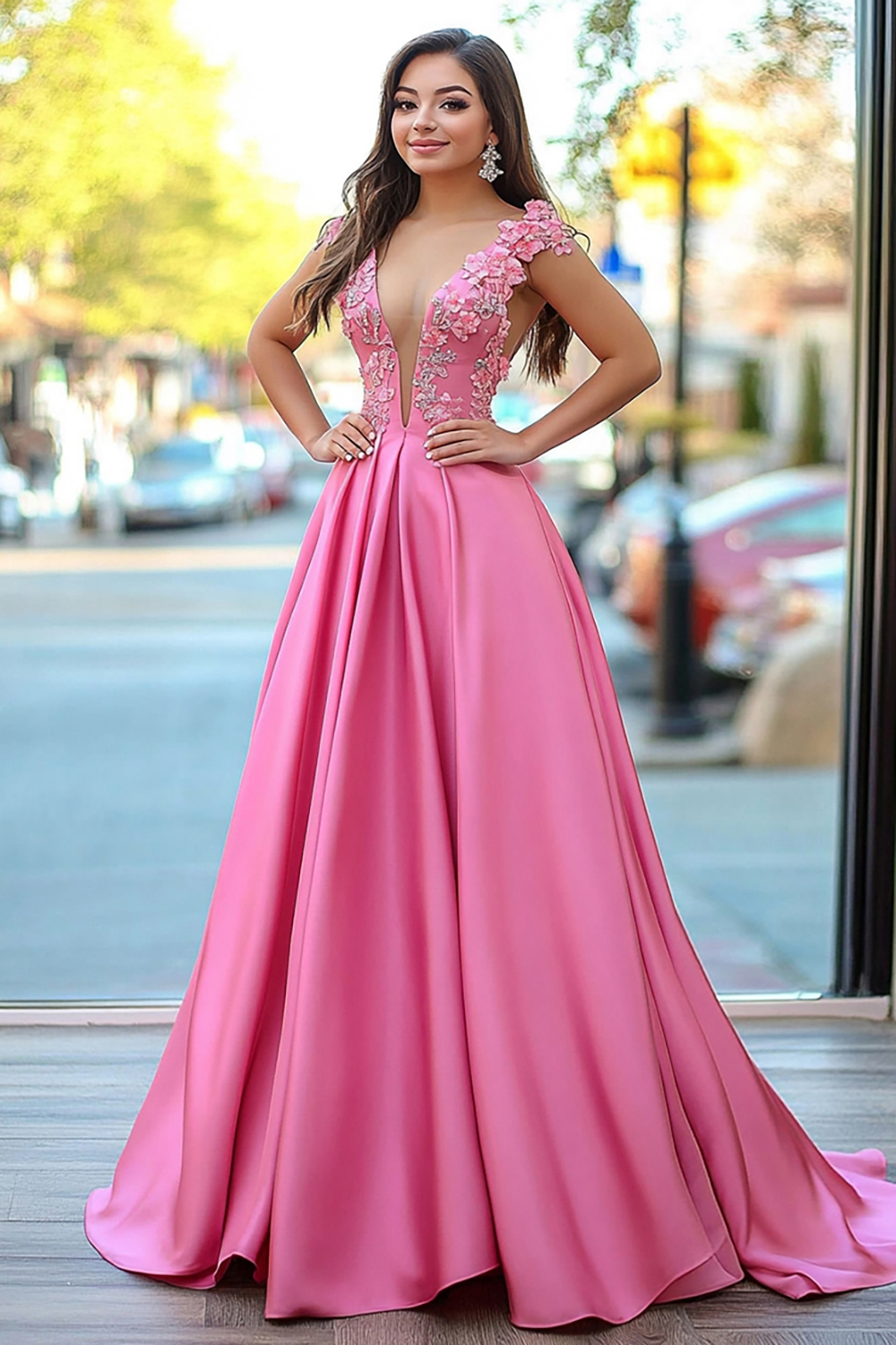 Glitter Pink A-Line V-Neck Satin Long Prom Dress with Sequined Appliques