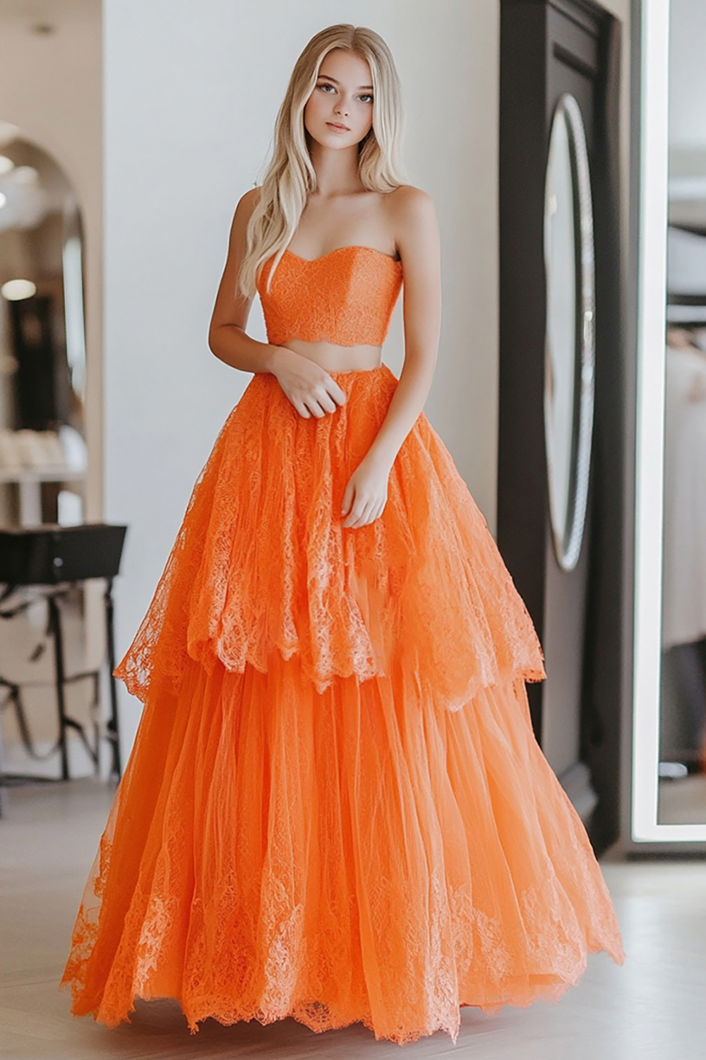 Princess Orange A-Line 2 Pieces Strapless Ruffles Lace Long Prom Dress