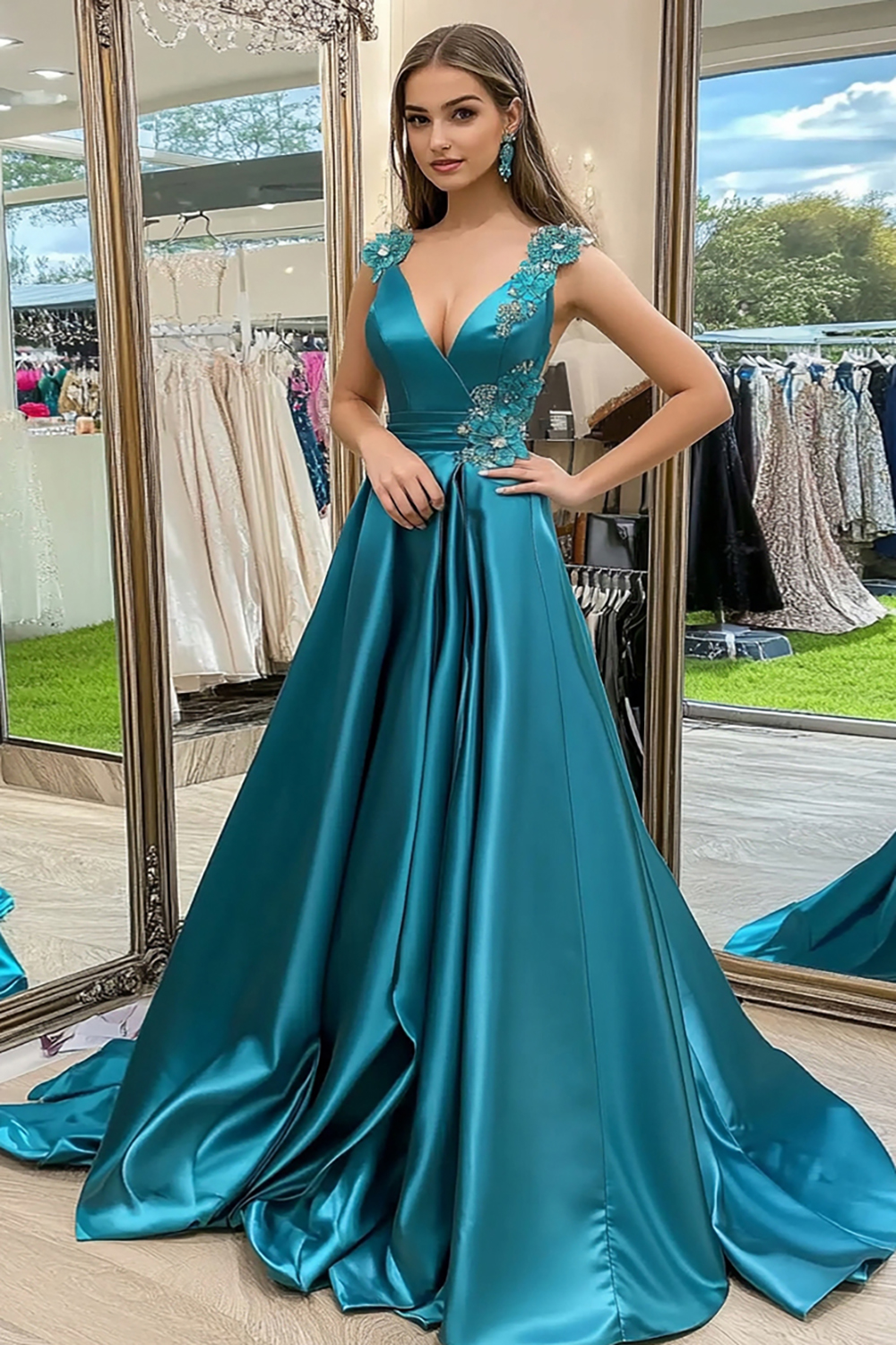 Sparkly Peacock A-Line V-Neck Wrap Satin Long Prom Dress with Floral Appliques