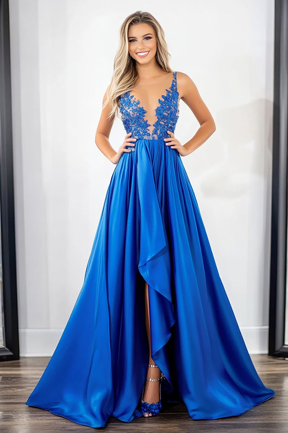 Royal Blue A-Line Plunging V Neck Satin Appliques Long Prom Dress with Slit