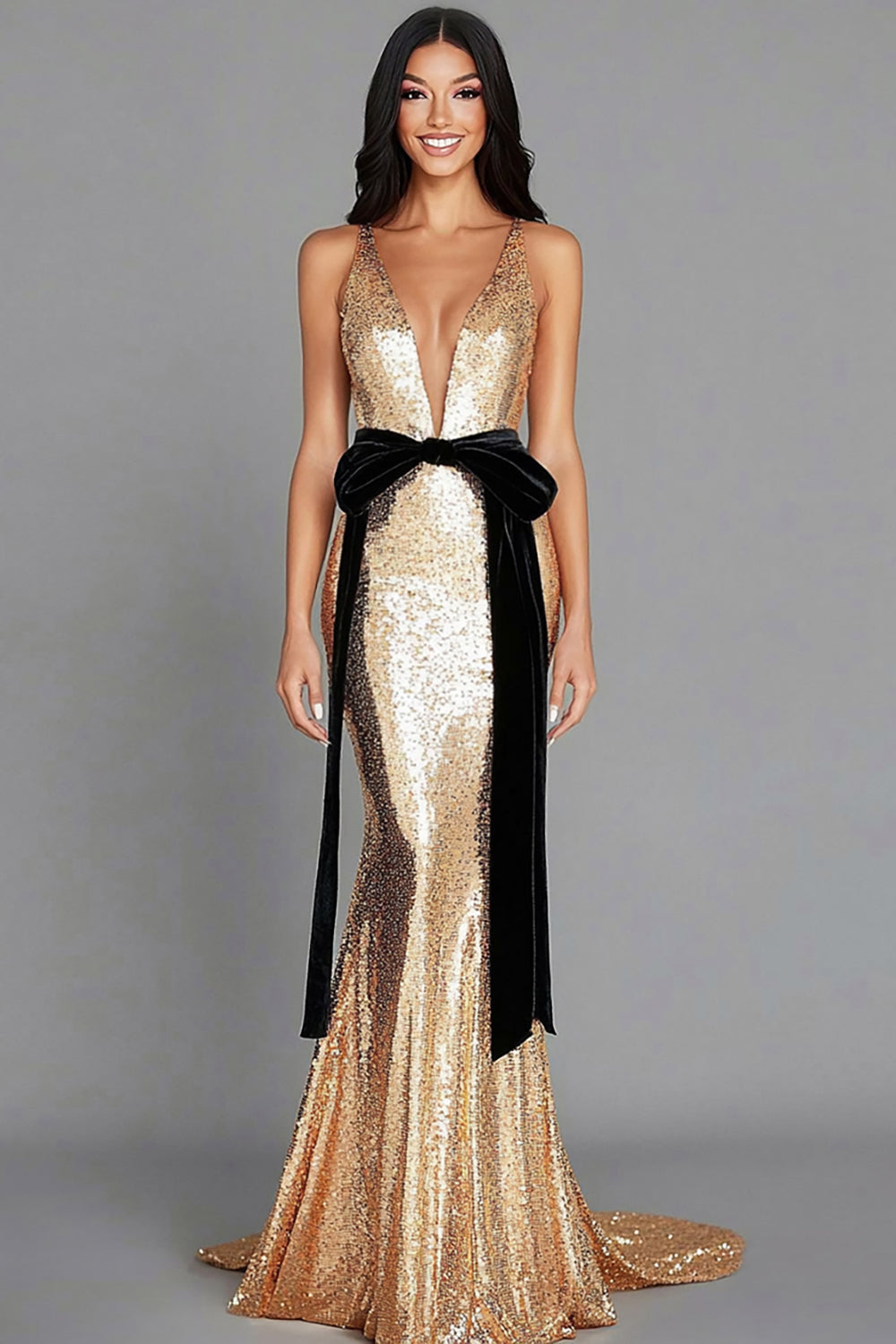 Sparkly Gold Sequins Deep V-Neck Long Gala Dress with Bow