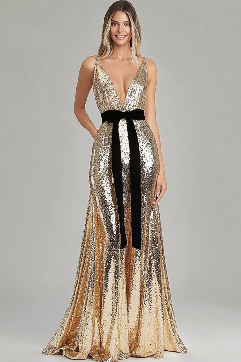 V-Neck Sheath Gold Sparkly Gala Dress with Bowknot Belt