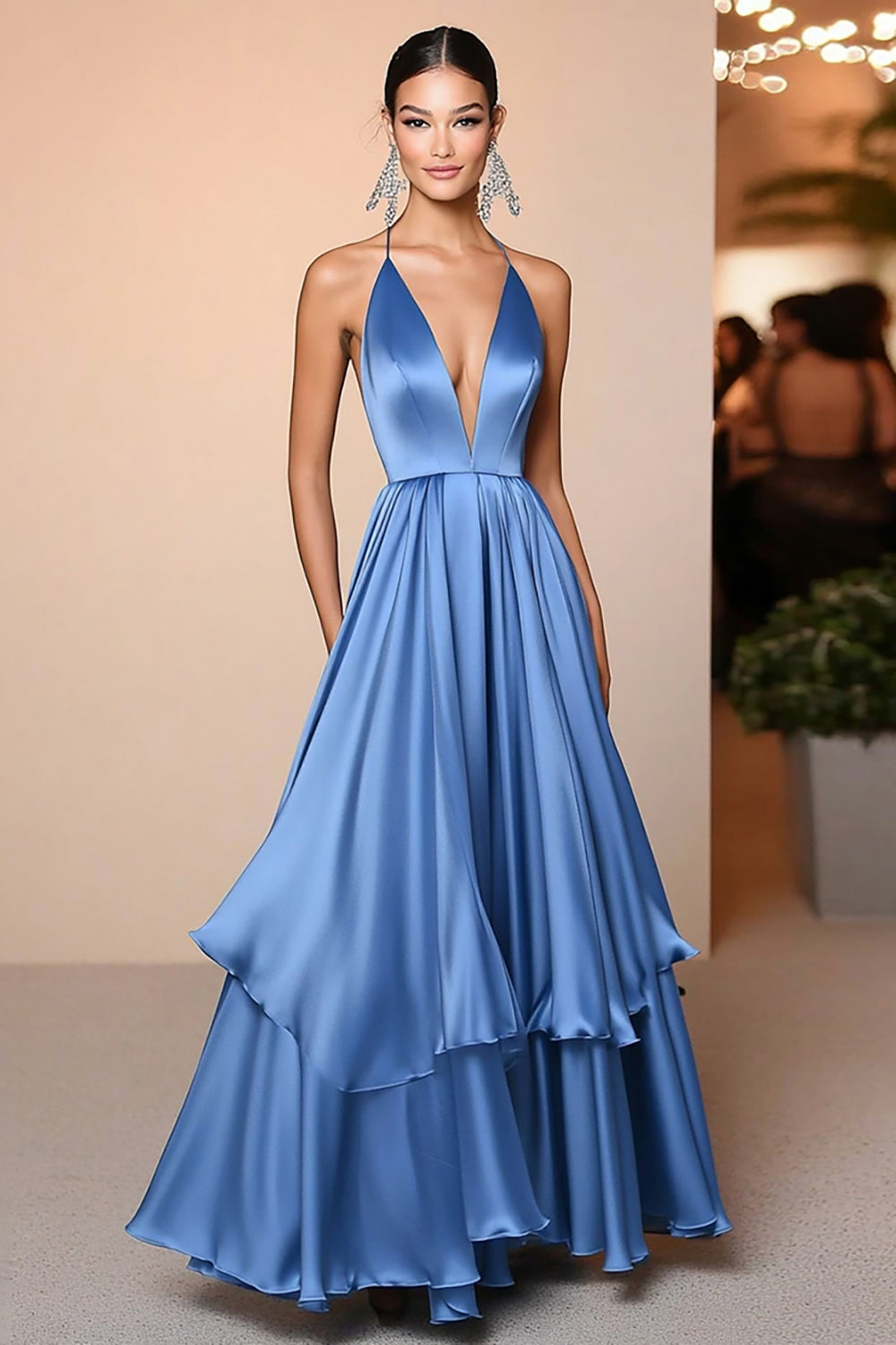 A Line Blue V-Neck Satin Ruffled Floor Length Gala Dress