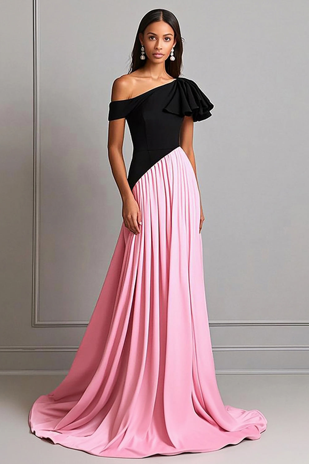 One Shoulder Black Pink A Line Pleated Long Gala Dress