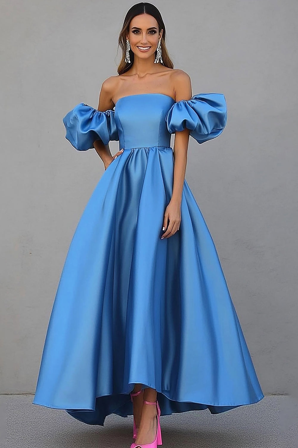 Blue Satin A Line Long Gala Dress with Puff Sleeves
