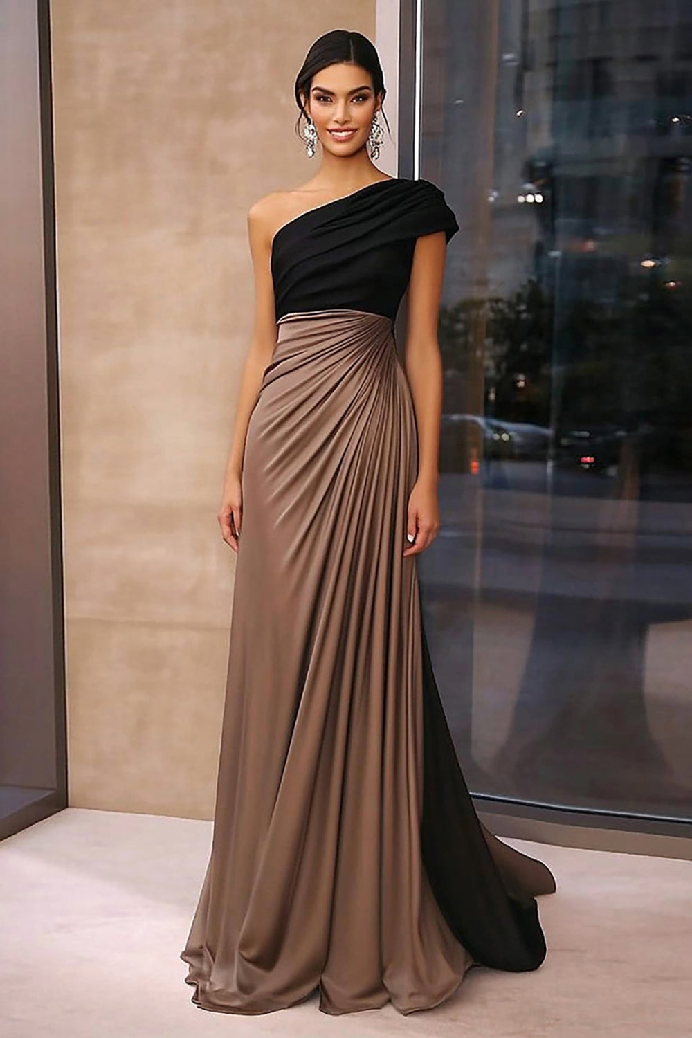 Black Brown One Shoulder Sheath Floor Length Gala Dress