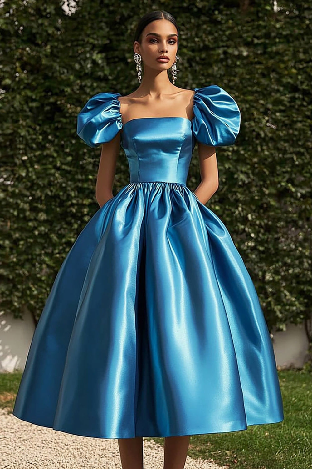 Ball Gown Square Neck Blue Satin Tea Length Gala Dress