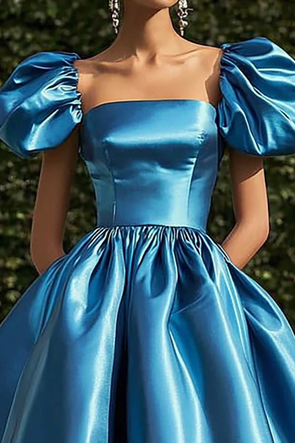Ball Gown Square Neck Blue Satin Tea Length Gala Dress