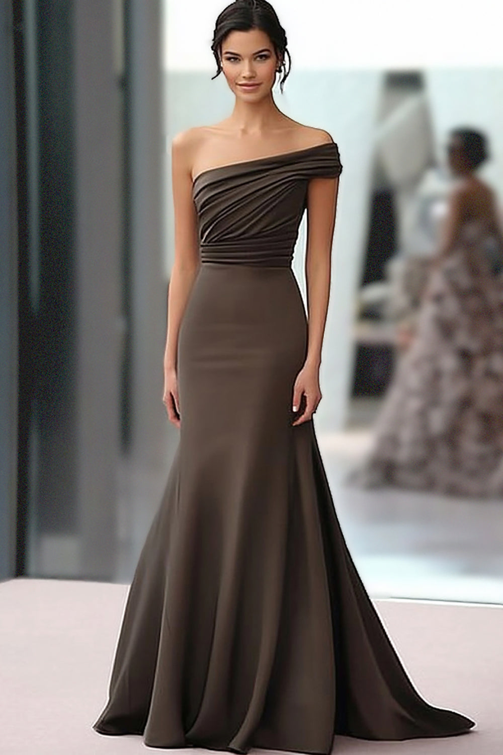 Coffee Ruched One Shoulder Long Gala Dress