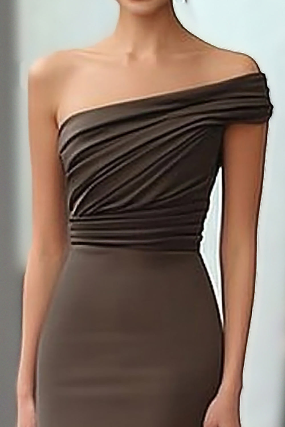 Coffee Ruched One Shoulder Long Gala Dress