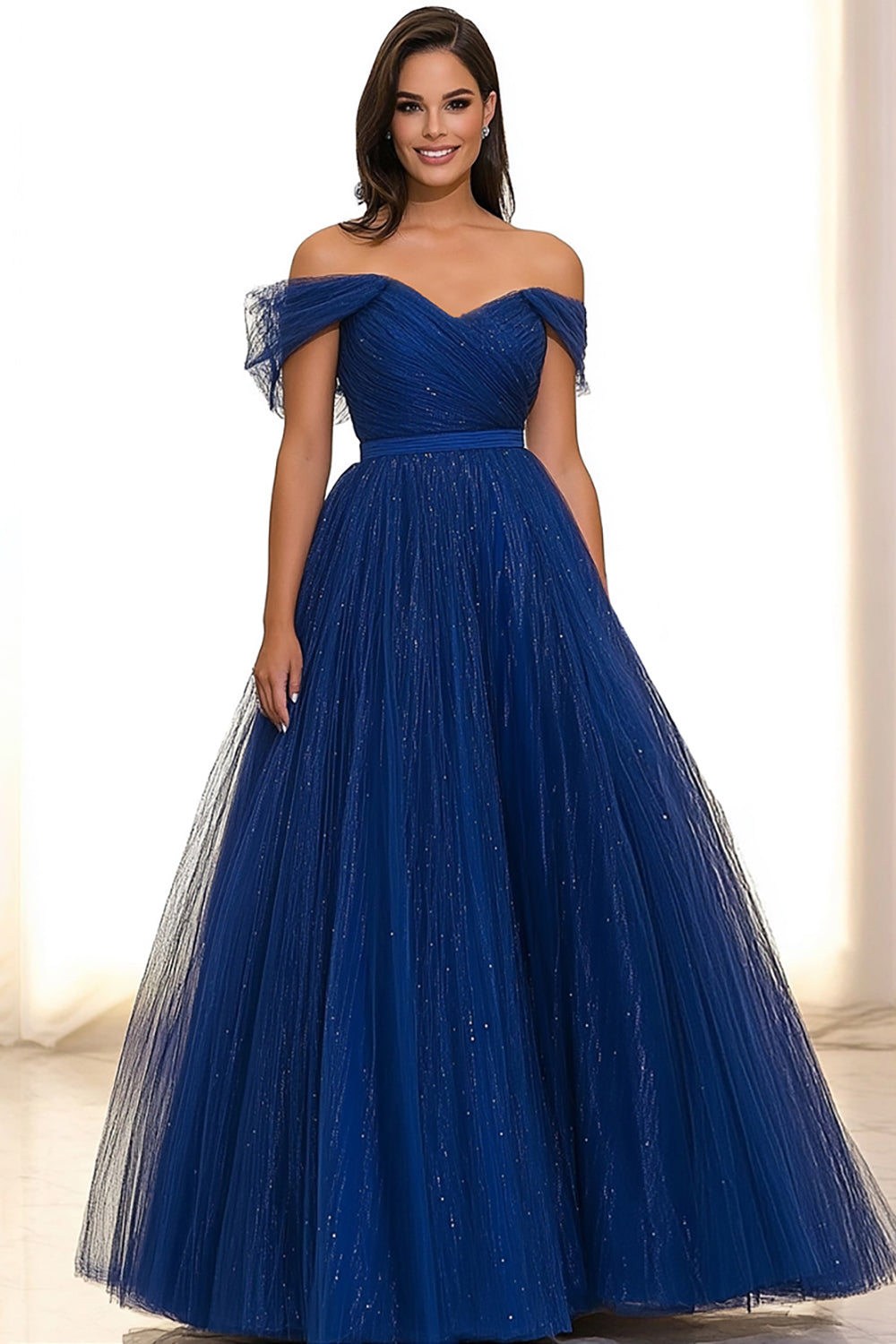 Sparkly Royal Blue Tulle Ball Gown Long Gala Dress